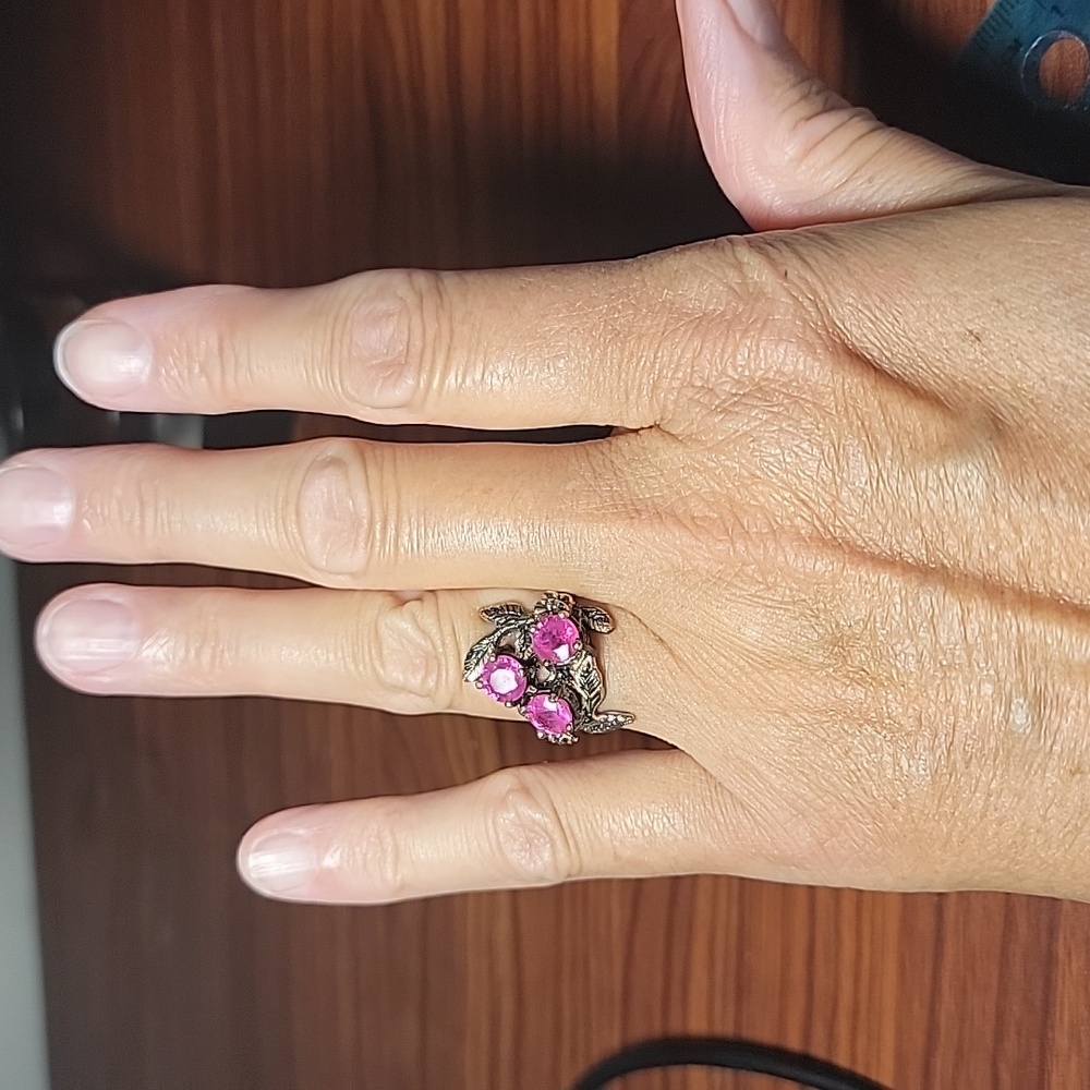 925 Sterling Silver And Natural Ruby Leaf Ring, S… - image 6